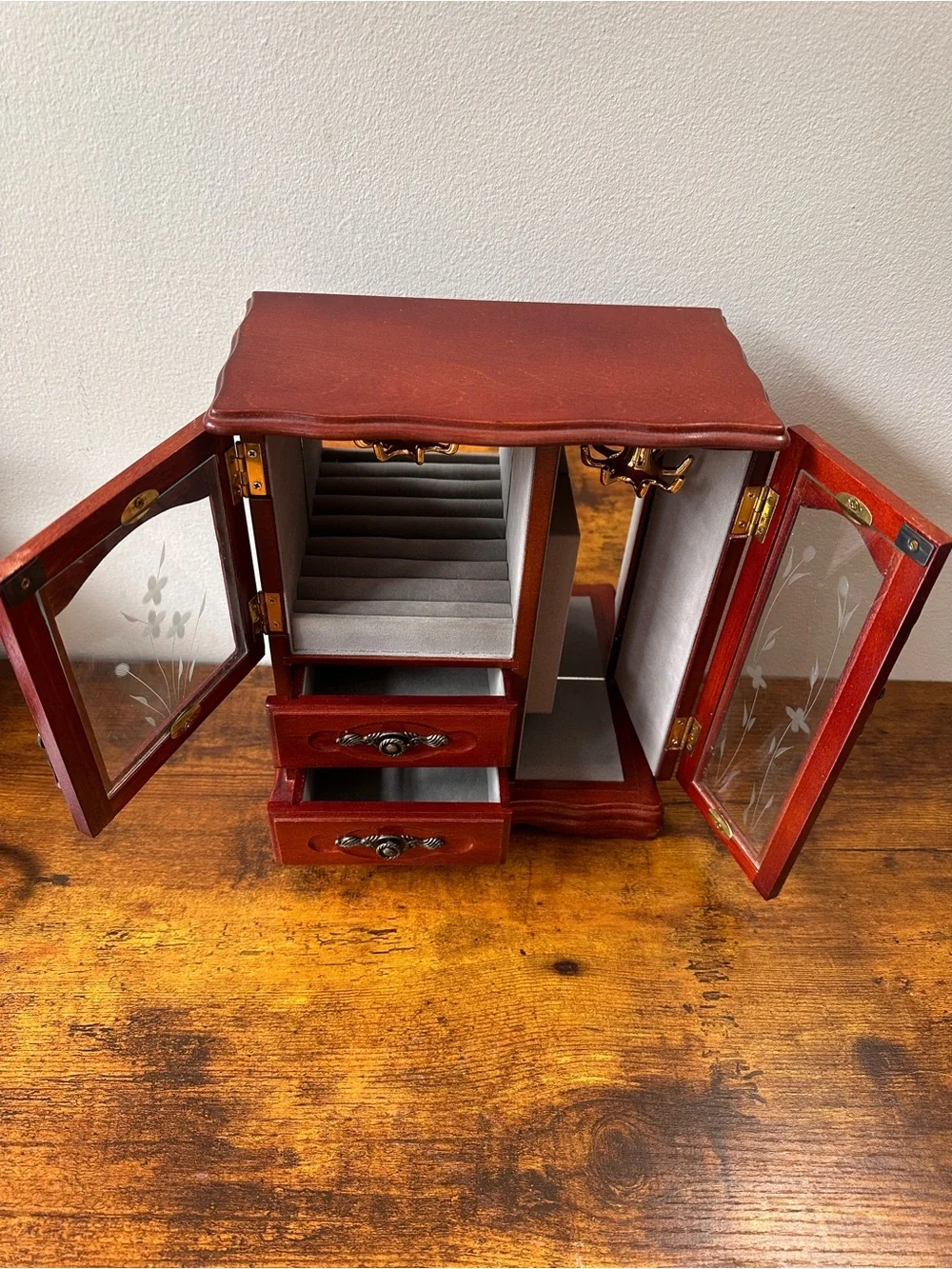 VTG Wooden Jewelry Box Armoire Etched Glass Cabinet Drawers Necklace Carousel